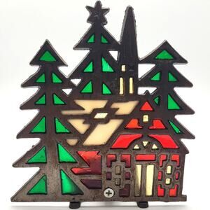VTG Cast Iron Stained Glass Tea Light Holder Church Trees Taiwan Holiday Cozy